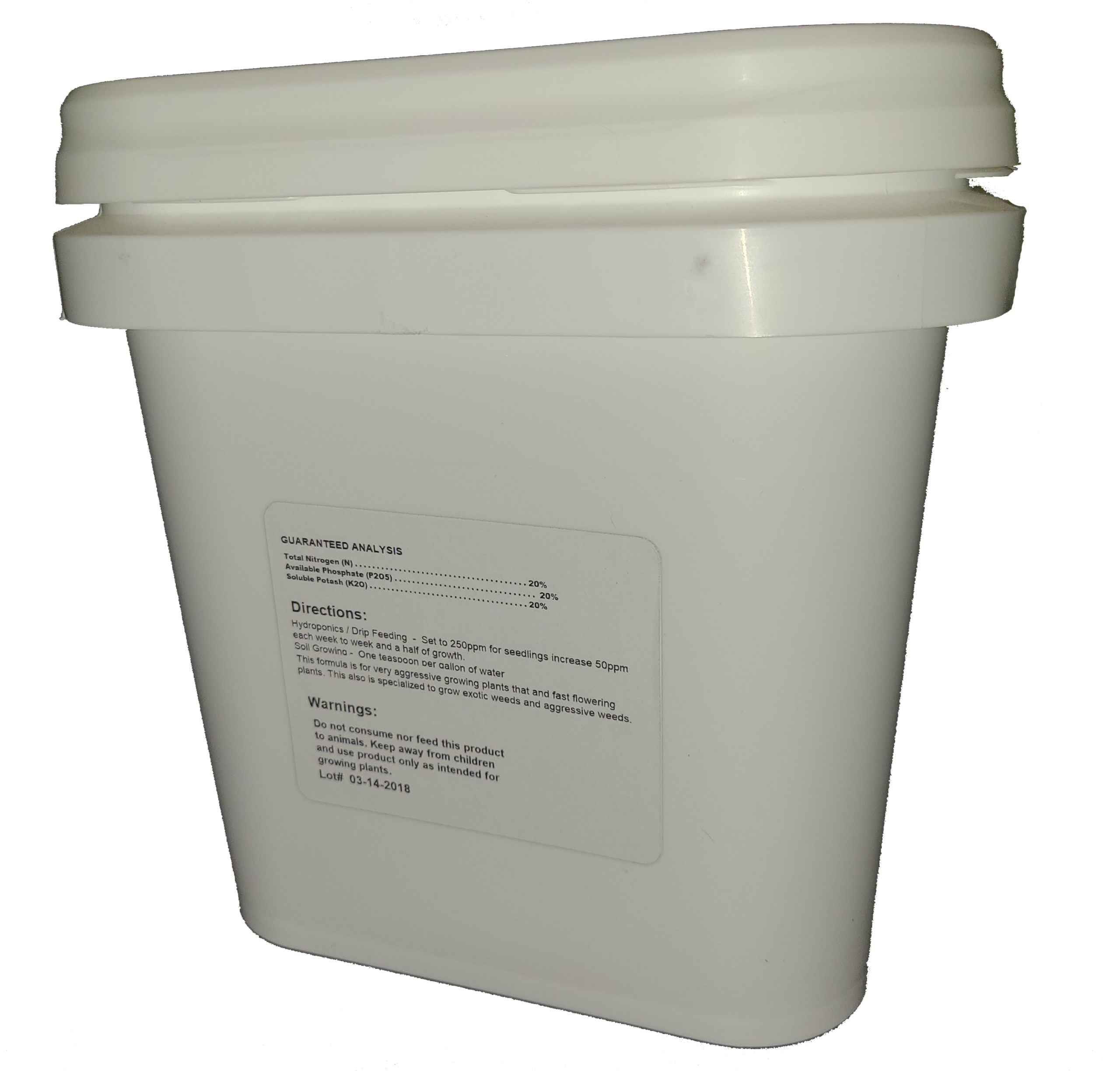 White plastic container with a label and a lid.